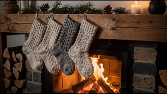 Cozy knitted Christmas stockings hanging on rustic wooden fireplace mantel with warm glowing fire and festive pine decor