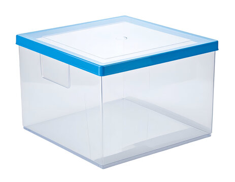 Clear square storage bin with blue lid and integrated handle