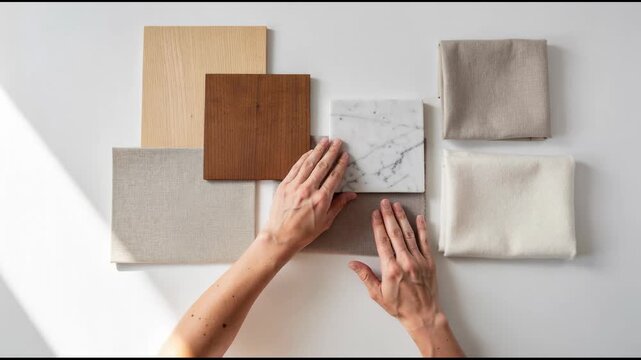 Interior design concept with natural fabric swatches and wood and marble samples on white table