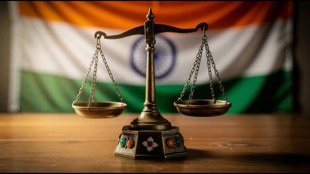 Vintage brass balance scale with Indian flag background symbolizing justice and fairness
