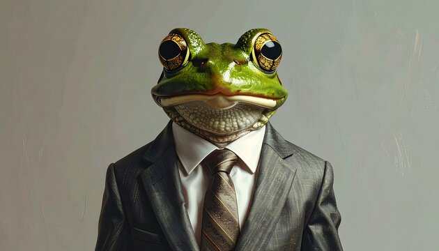 A well-dressed amphibian in formal attire against a plain gray background