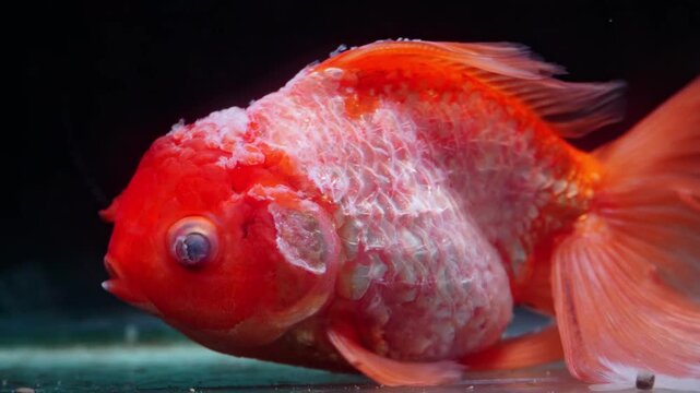 Diseased oranda goldfish showing scale damage and eye problem