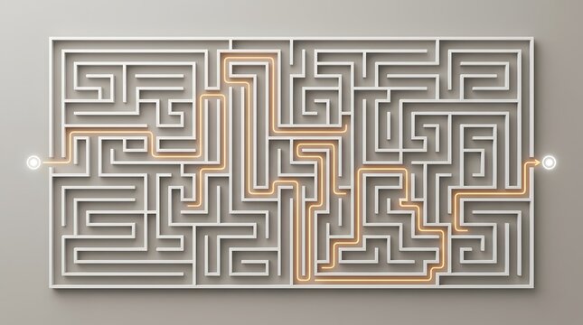 A complex maze with gray paths and orange solution on a gray background