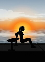 Fototapeta premium Generated AI: Silhouette of fit woman performing bench dips during a golden sunset by the ocean.