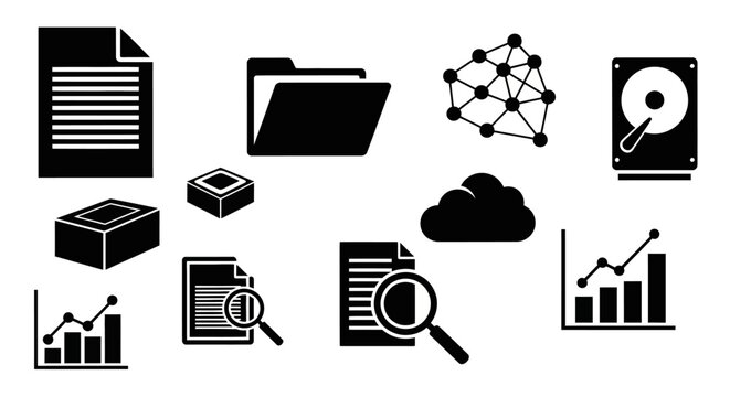 Black data management and analysis icons set including documents folders cloud storage graphs and network connection symbols on white background for business and technology