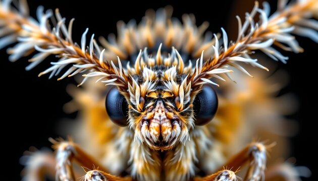 The image features an extremely close up, detailed view of a insect's head, highlighting its large, rounded eyes and vibrant, textured facial area