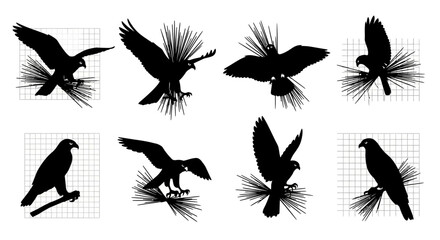 Obraz premium Collection of bird silhouettes in various poses on grid background for design and illustration