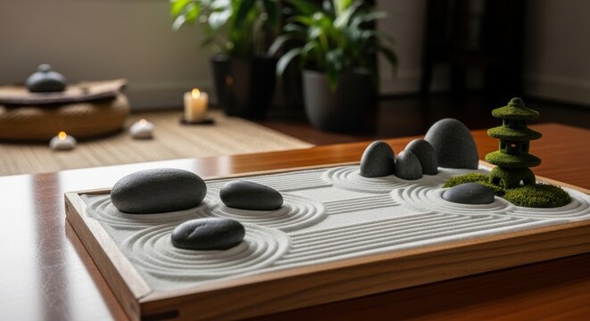 Miniature Zen Garden With Raked Sand and Smooth Stones Creating a Serene Miniature Landscape for Tranquility