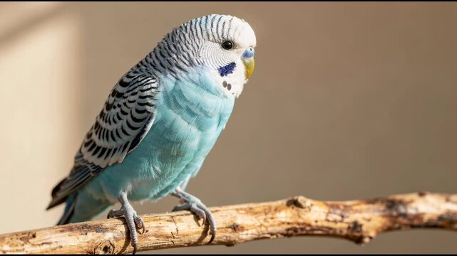Close up of a blue and white budgerigar parakeet perched on a wooden branch in natural light