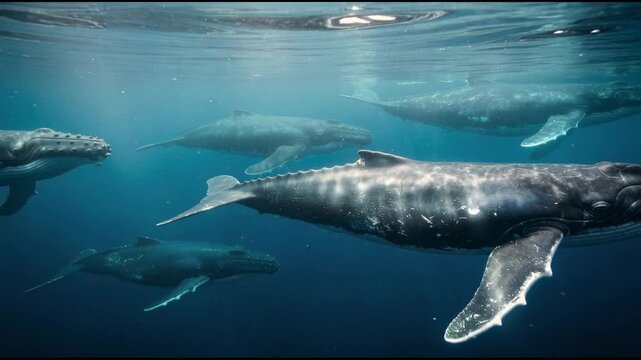 Underwater view of a pod of humpback whales swimming in the ocean with sunlight reflections