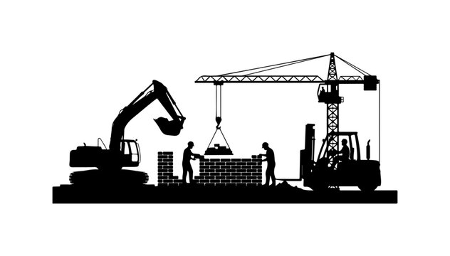 Construction Site with Heavy Machinery and Workers