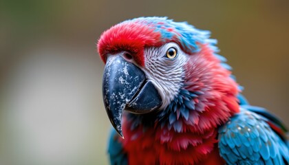Obraz premium The image features a vibrant, colorful bird with a large, curved beak and striking plumage
