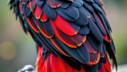 Obraz premium The image features a close up view of a bird's plumage, showcasing an intricate pattern of feathers in vibrant shades of red, orange, and dark blue