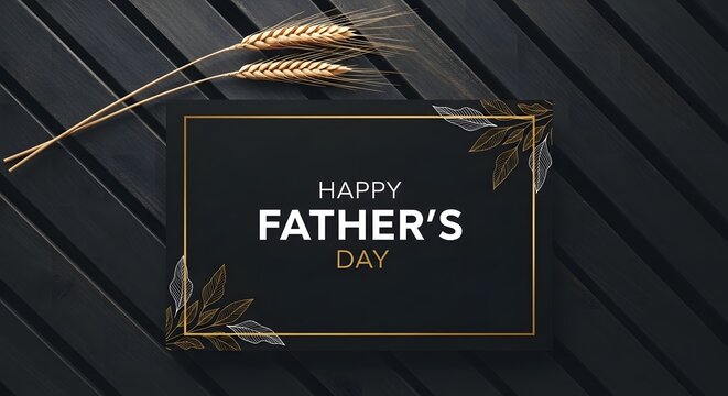 Happy father's day frame with golden accents and wheat on wooden background