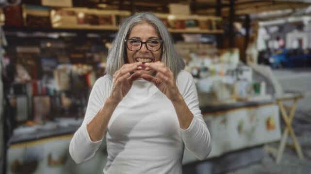 Woman clapping with hands visible and smiling, wearing glasses and white top while leaning forward amid a busy street market stall; happiness celebration community.