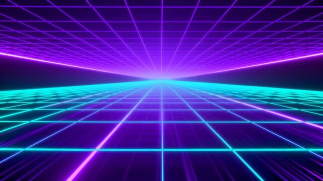 Neon grid landscape in 80s retro style with glowing cyan and purple lines converging at a central horizon point in a digital virtual space.