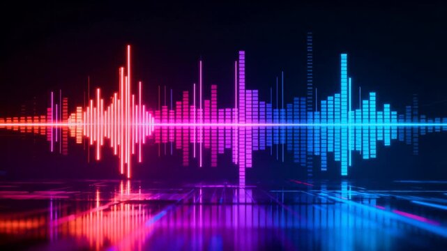 Colorful digital audio waveform visualization with glowing red, purple, and blue neon equalizer bars reflecting on a dark futuristic surface.