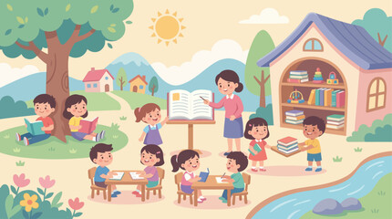 Obraz premium colorful children education illustration, simple classroom and village learning scene, kids reading books at a small library building