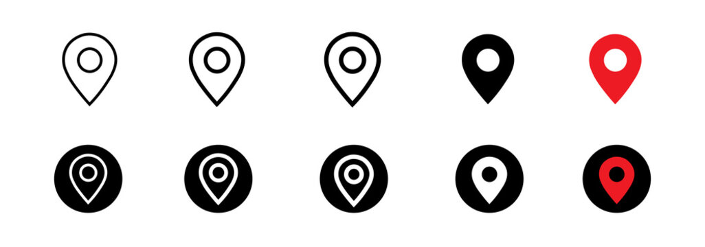 Location pin icon set. Pointer symbols, marking places and positions. Clean destination point pictogram concept. Illustration.