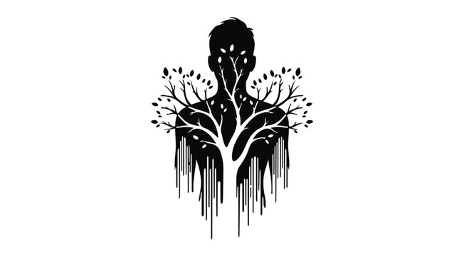Human silhouette with a tree growing from its chest and a dripping organic effect.