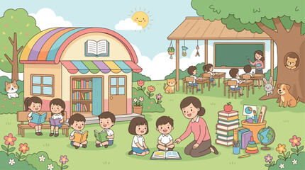 Obraz premium colorful children education illustration, simple classroom and village learning scene, kids reading books at a small library building