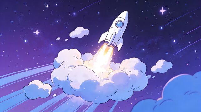 Rocket Launch in Starry Night Sky with Clouds