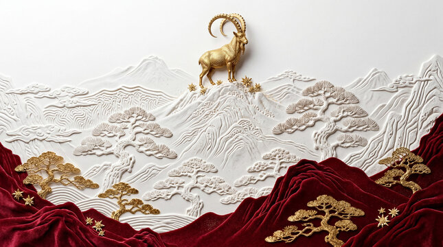 2027 Goat Year Elegant Chinese New Year Background with Gold Goat and Red Velvet