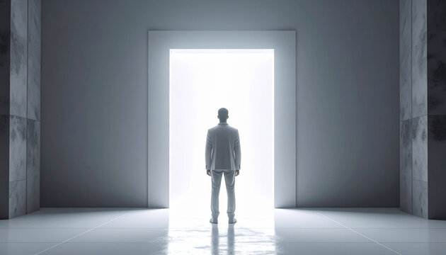 Businessman facing glowing doorway future concept