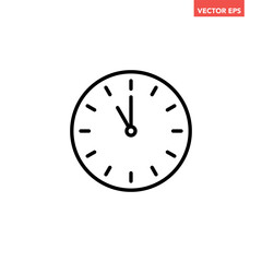 Fototapeta premium Black single round time clock icon, simple 11 am or pm clock flat design vector pictogram, infographic vector for app logo web website button ui ux interface elements isolated on white background