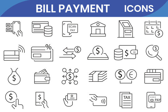 Bill Payment icon set.  Containing finance related icons: bill, receipt, invoice, document, ATM, cash, and other. Outline Icon Collection. 