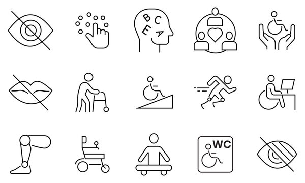 Disability icon set. featuring of physical and mental development, assistive devices and more. Containing wheelchair, accessibility, blind, broken leg, disabled, assistance and deafness icons.