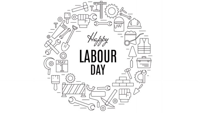 Labour Day Celebration: A graphic depiction of construction tools arranged in a circular design, celebrating Labour Day with festive typography. 