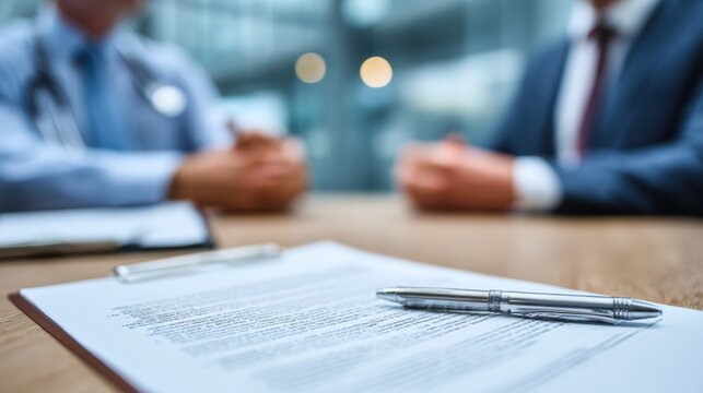 Hospital Administrator Meets With Legal Counsel to Discuss Medical Incident in Formal Setting With Documentation on Table