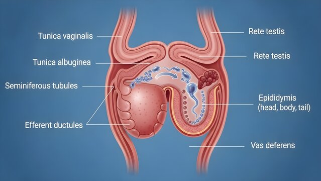 Cross‑section diagram of the scrotum and testis showing tunica vaginalis, tunica albuginea, seminiferous tubules, efferent ductules, rete testis, epididymis regions and vas deferens, tracing the route