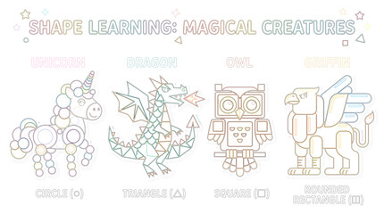 Fototapeta premium Exploring Geometric Shapes and Mythical Creatures A Fun Learning Experience for Children