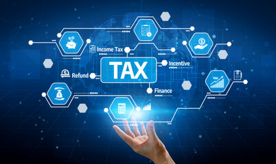 Naklejka premium A hand reaching towards digital tax icons illustrates key financial concepts like income tax, refunds, and incentives in a modern and innovative environment. Tessel