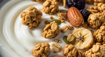 Obraz premium Healthy breakfast bowl with yogurt, granola, nuts, and dried fruits