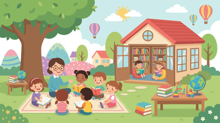 Obraz premium colorful children education illustration, simple classroom and village learning scene, kids reading books at a small library building