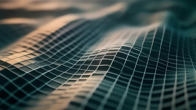 Abstract digital mesh surface with undulating grid lines creating a fluid and dynamic wave-like texture, emphasizing a sense of interconnectedness and technological advancement in a futuristic design