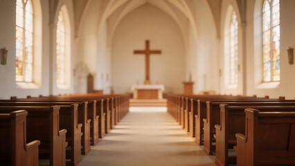 Fototapeta premium Blurred View of Empty Wooden Pews Inside a Peaceful Church
