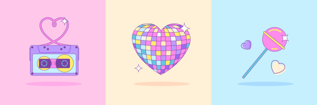 Set of 80s-90s retro disco elements or attributes isolated on colorful background. Cassete, disco ball, chupa chups icons. Vector illustration