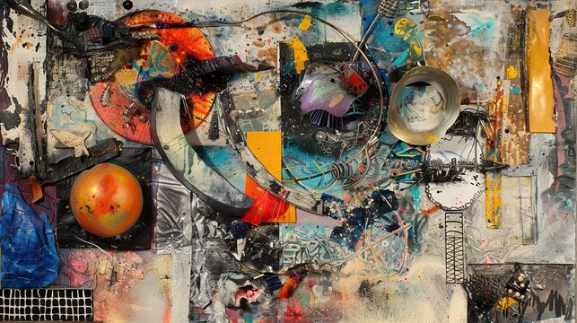 Abstract mixed media artwork featuring shapes, textures, and various materials compiled.