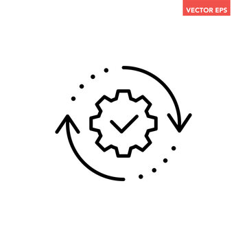 Black single round gear update confiremed line icon, simple cogwheel process flat design vector pictogram, infographic interface elements for app logo web button ui isolated on white background