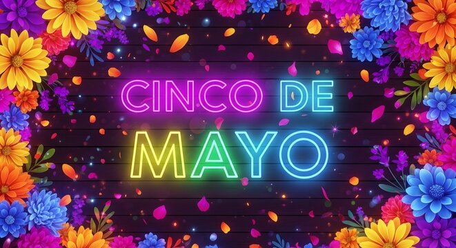 Vibrant cinco de mayo celebration with colorful flowers and neon lights on dark wood background