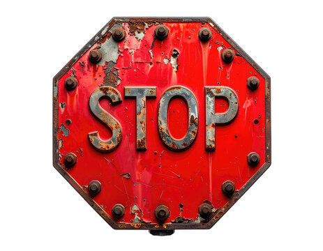 Weathered octagonal metal sign with raised 'STOP' letters, bolted