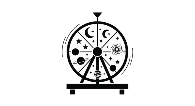 A spinning wheel of fortune displaying celestial bodies like planets and stars represents destiny and cosmic chance.