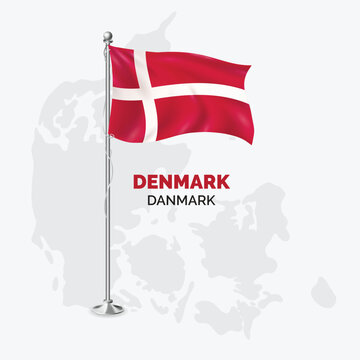 Waving flag of Denmark on flagpole. Template for independence day poster design, Danmakr Flag with World Map Behind them on White Background	