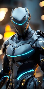Futuristic battle humanoid wearing sleek metallic armor with glowing blue lights