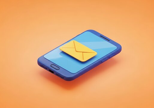 3D cartoon smartphone with yellow email envelope icon on screen orange background, mobile message notification concept