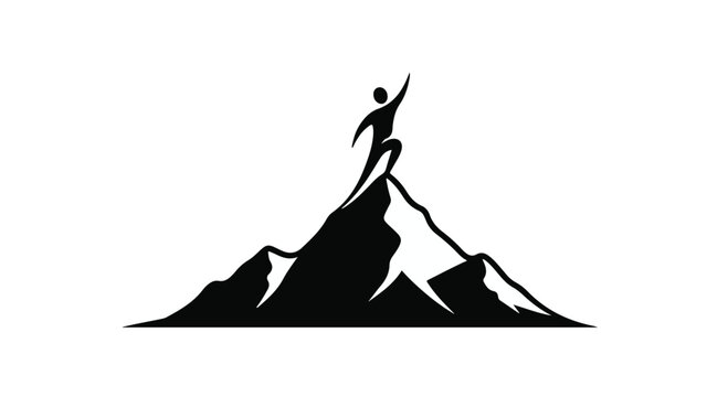 Person stands triumphantly atop a rugged mountain peak, symbolizing the journey towards success and the achievement of ambitious goals.